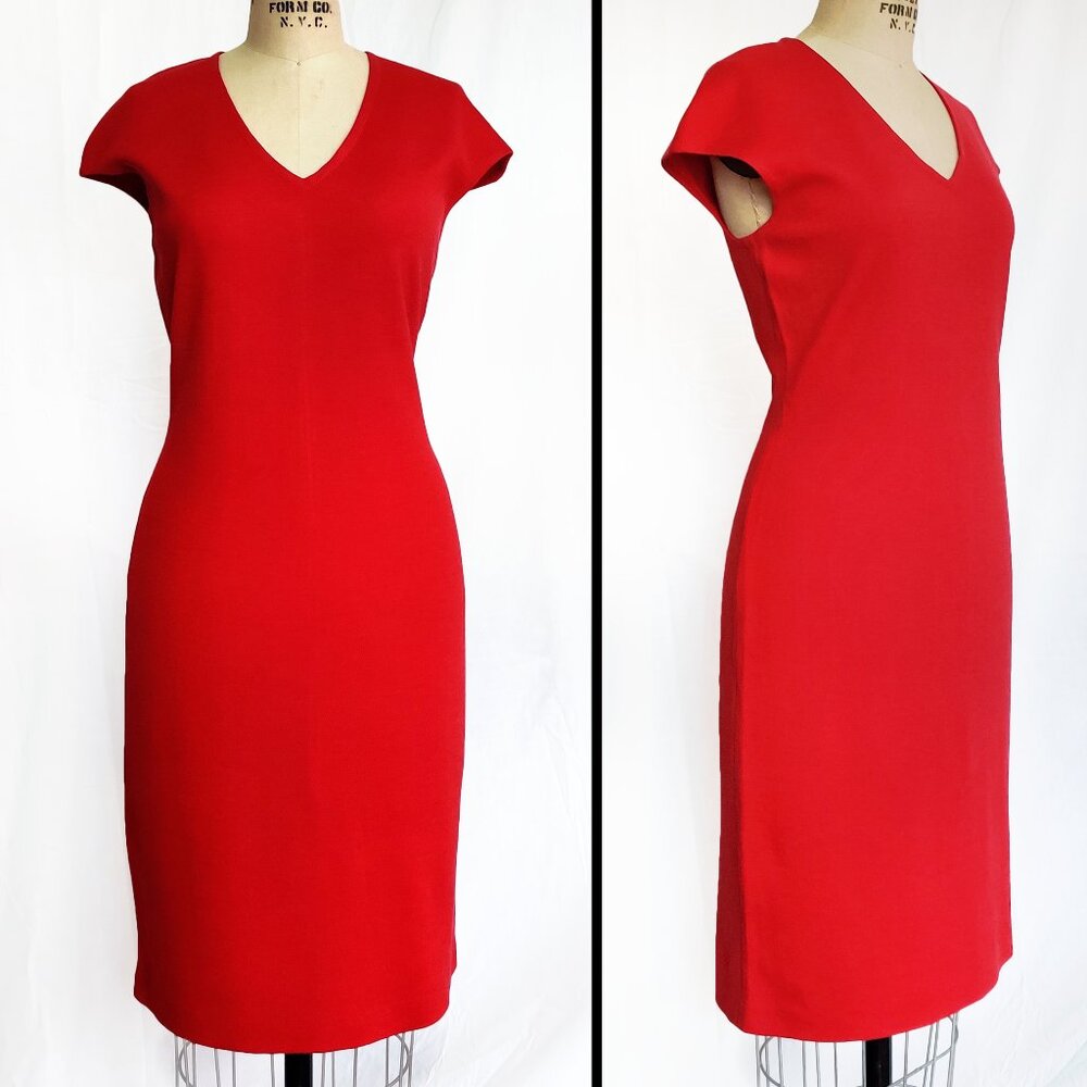 NWT ST. JOHN Milano Knit Red Wool Cap Sleeve V-neck Sheath Shift Dress 8 M